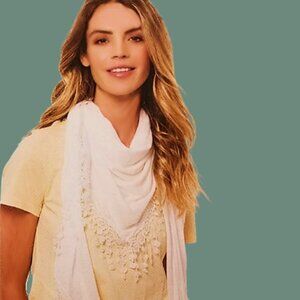 I AM White Triangle Boho Scarf or Wrap With Lace Droplet Fringe Spring & Summer